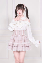 Jirai Kei Off Shoulder Long Sleeves Print Bowknot Lace-Up Sweet Japanese Blouse 3 Colors - Product - 18