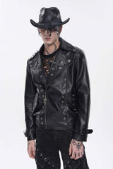 Black Lapel Collar Long Sleeves Studded Buckled Zippered Eyelet Women's Punk Jacket - Product - 9