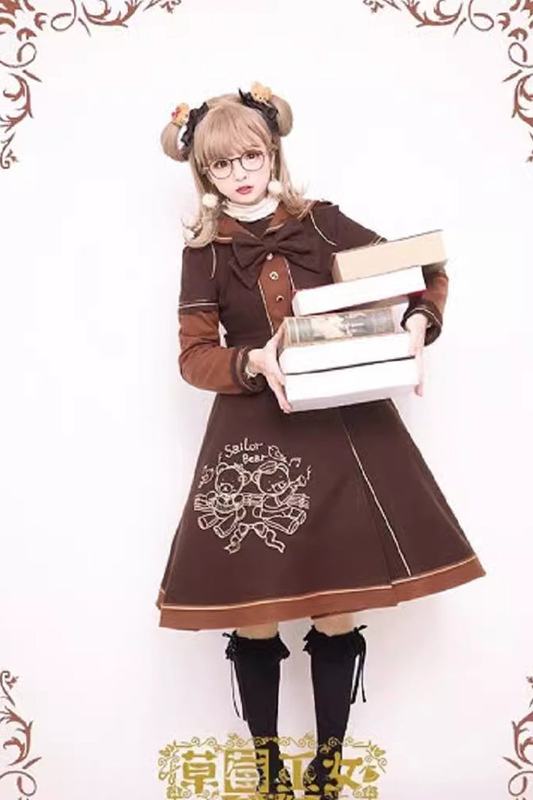 Bear Print Embroidery Long Sleeves Bowknot Sweet Lolita Woolen Coat 2 Colors - Product - 4