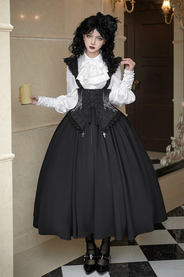 Black [Night of Thorns] Sleeveless Embroidery Lace-Up Gothic Lolita Strap Breast Support Dress 2 Versions - Product - 18
