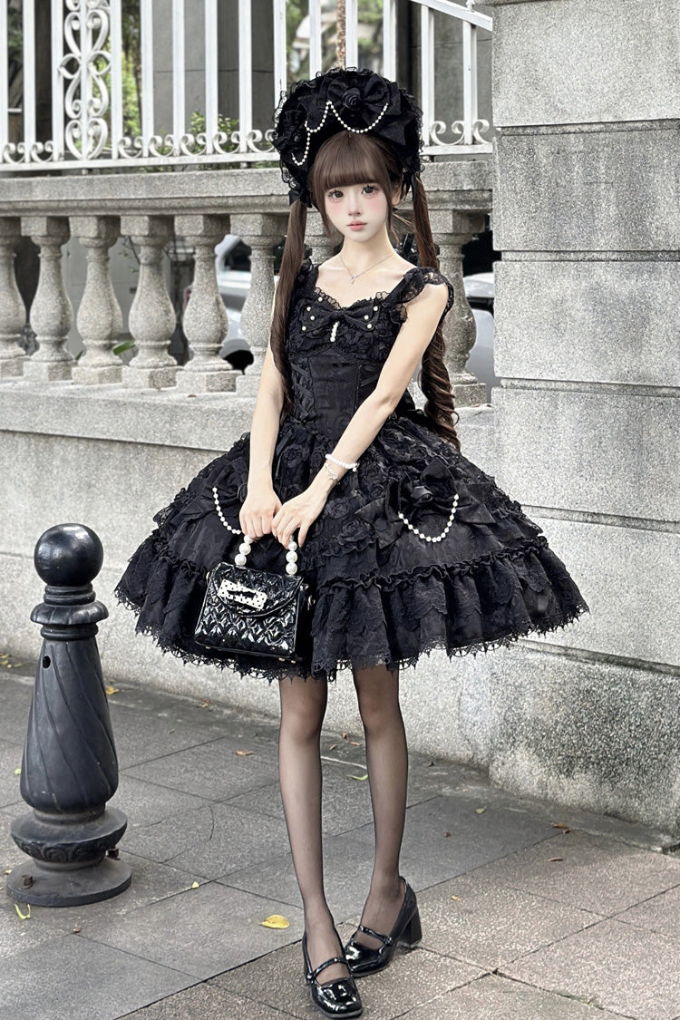 Black [Rose Princess] Sleeveless Ruffle Bowknot Lace Lace-Up Gothic Ballet Lolita Jsk Dress - image 5