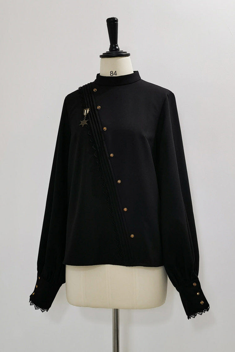 Black [Will of the Rose] Round Collar Long Sleeves Asymmetric Gothic Vintage Elegant Knight Prince Ouji Lolita Blouse Shorts Set - Blouse(Only) - 11