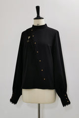 Black [Will of the Rose] Round Collar Long Sleeves Asymmetric Gothic Vintage Elegant Knight Prince Ouji Lolita Blouse Shorts Set - Blouse(Only) - 11