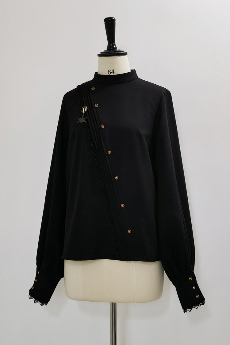 Black [Will of the Rose] Round Collar Long Sleeves Asymmetric Gothic Vintage Elegant Knight Prince Ouji Lolita Blouse Shorts Set - Blouse(Only) - 11