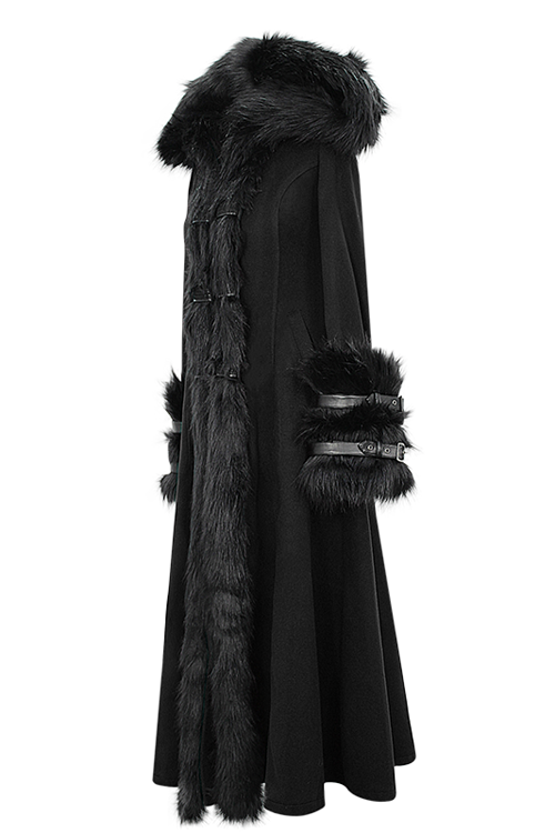Black Gothic Double Faced Woolen Hooded Long Sexy Women Coat - Product - 6