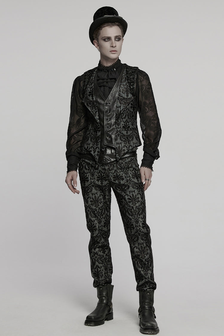 Black V Collar Long Sleeves Floral Embroidery Men's Gothic Vest - Product - 4