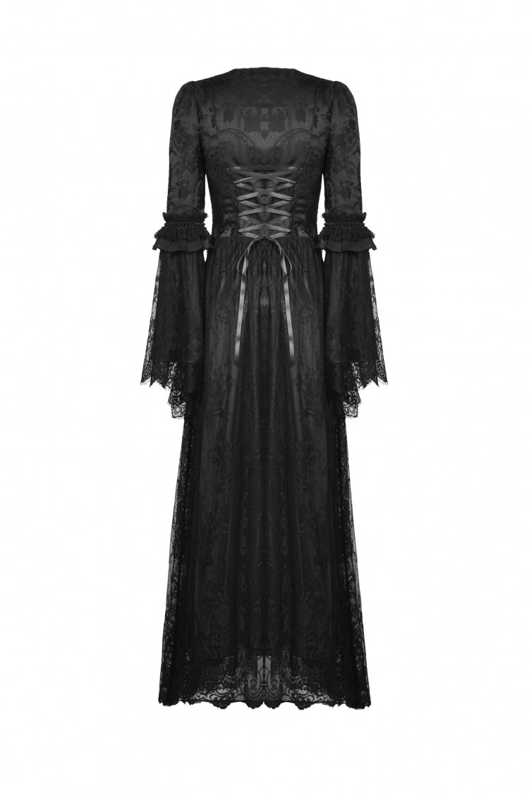 Black Square Collar Long Hime Sleeves Embroidered Lace Spliced Women's Gothic Maxi Wedding Dress - Product - 11