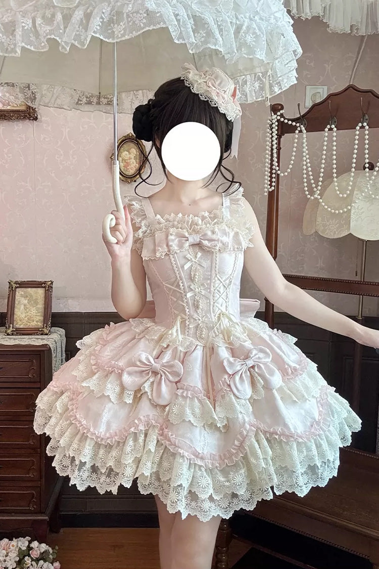 Pink [Realm of Sea Moon] Square Collar Sleeveless Multi-Layered Jacquard Ruffled Bow Lace Lace-Up Sweet Lolita Jsk Dress - Product - 6