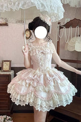 Pink [Realm of Sea Moon] Square Collar Sleeveless Multi-Layered Jacquard Ruffled Bow Lace Lace-Up Sweet Lolita Jsk Dress - Product - 6
