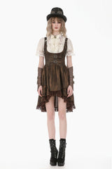 Beige Stand Collar Short Puff Sleeves Lace Sheer Lace-Up Women's Gothic Blouse with Detachable Bowknot - Product - 7