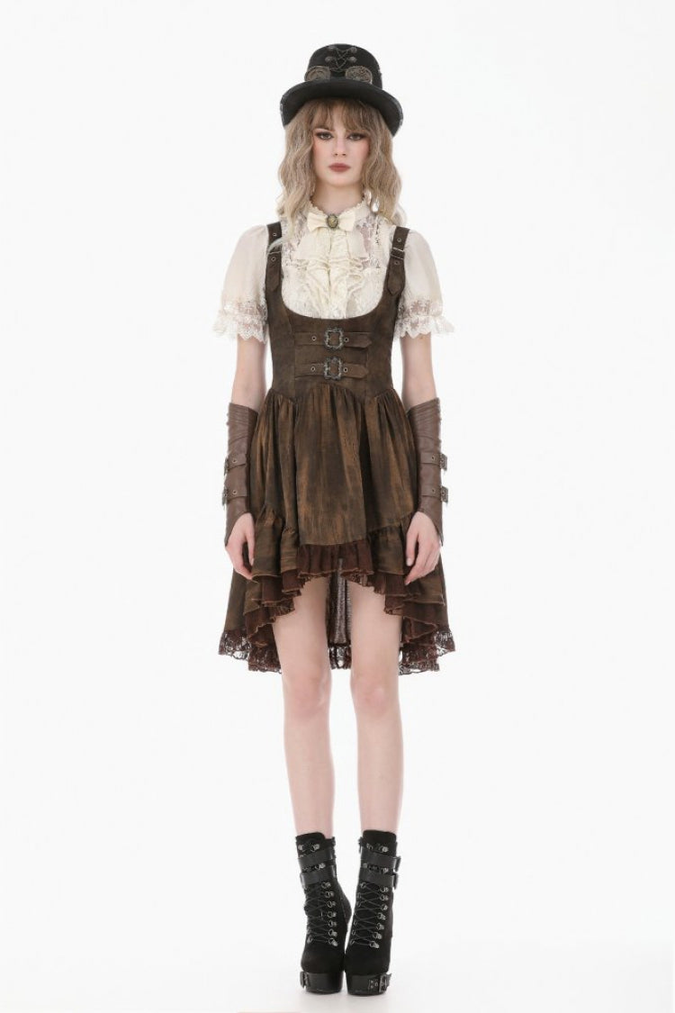 Beige Stand Collar Short Puff Sleeves Lace Sheer Lace-Up Women's Gothic Blouse with Detachable Bowknot - Product - 7