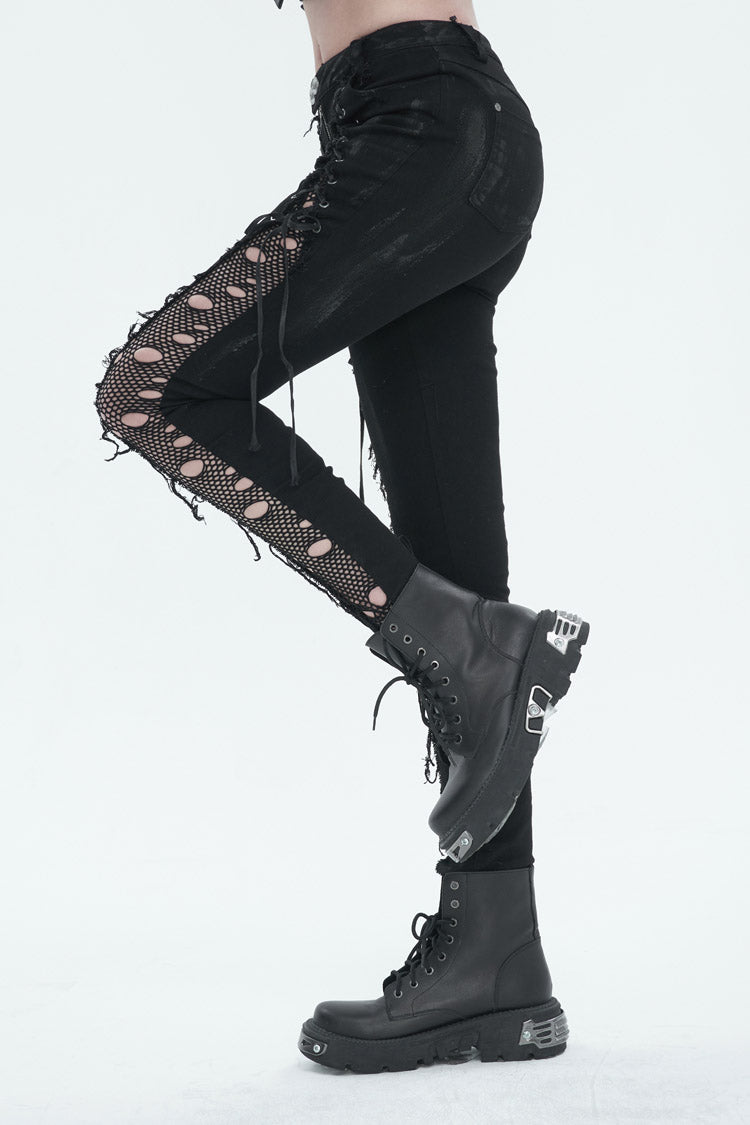 Black Stretch Twill Paneled Mesh Perforated Women's Punk Trousers - Product - 3
