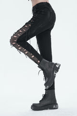 Black Stretch Twill Paneled Mesh Perforated Women's Punk Trousers - Product - 3