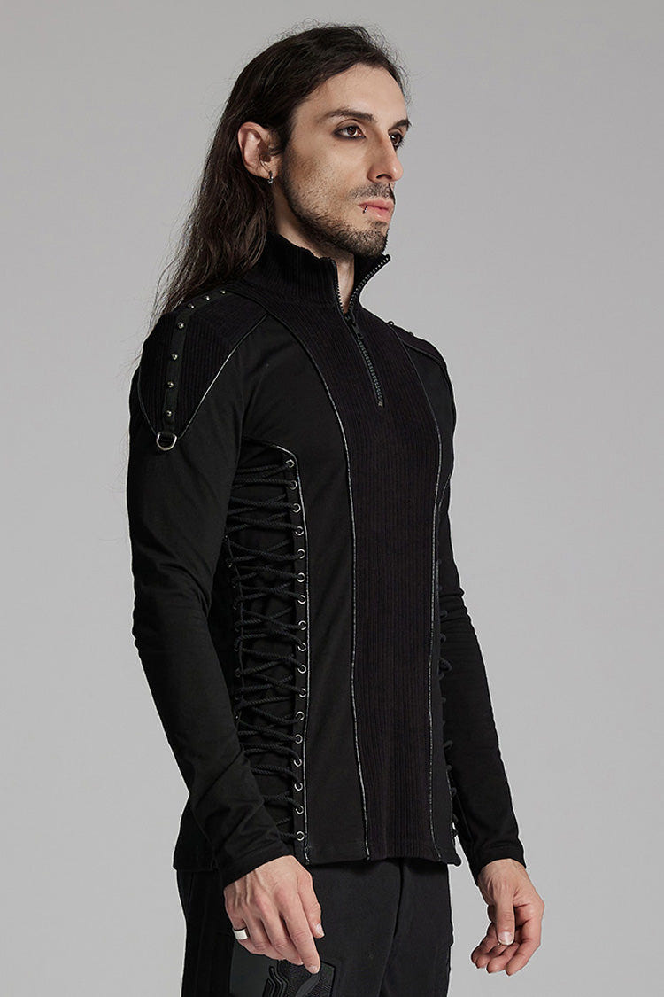 Black Long Sleeves Rivet Zipper Drawstring Men's Punk Blouse - Product - 2