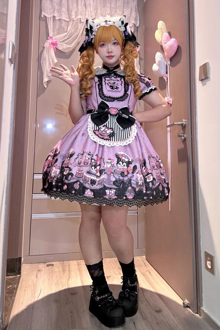 Purple [Devil Cat] Print Short Sleeves Ruffle Bowknot Lace Gothic Lolita OP Dress (Plus Size Support) - Product - 2