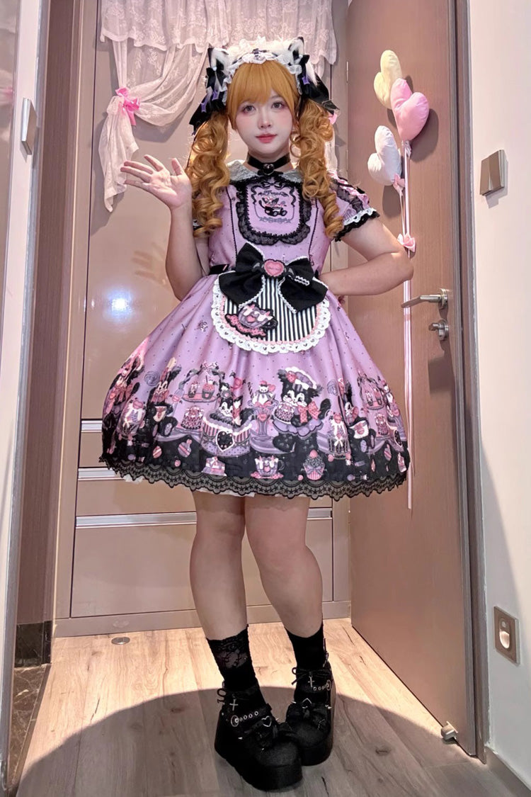 Purple [Devil Cat] Print Short Sleeves Ruffle Bowknot Lace Gothic Lolita OP Dress (Plus Size Support) - Product - 2