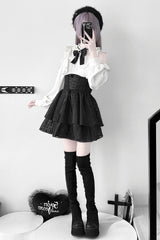 Black [Blackberry Rite] Lace Bowknot Lace-Up Jirai Kei Skirt - Product - 6