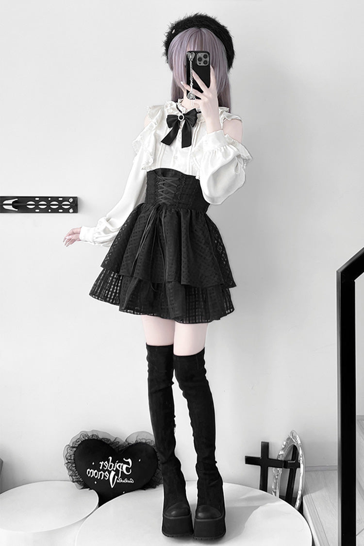 Black [Blackberry Rite] Lace Bowknot Lace-Up Jirai Kei Skirt - Product - 6