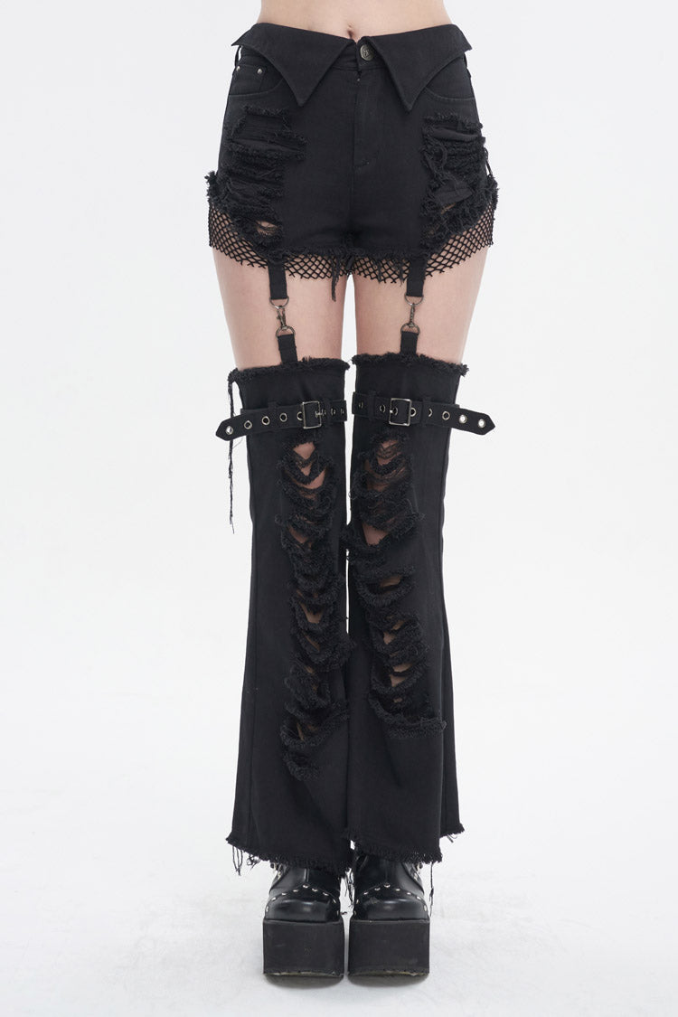 Black Segmented Splicing Old Fashioned Holes Flared Women's Punk Trouser - Black - 1