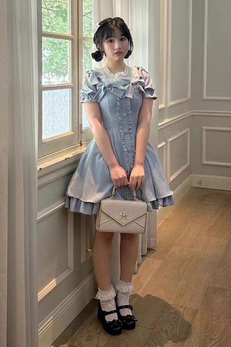 Light Blue Annie's Gift Short Sleeves Bowknot Short Version Sweet Lolita Dress (Plus Size Support) - Product - 3