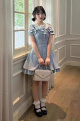 Light Blue Annie's Gift Short Sleeves Bowknot Short Version Sweet Lolita Dress (Plus Size Support) - Product - 3
