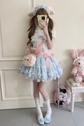 Blue Sleeveless Double-Layered Ruffle Rabbit Embroidery Bowknot Lace Sweet (Dress Only) front view