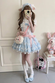 Blue Sleeveless Double-Layered Ruffle Rabbit Embroidery Bowknot Lace Sweet Lolita Jsk Dress - Blue - 1