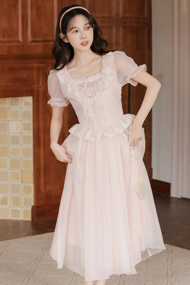 Pink Square Collar Short Puff Sleeves Ruffled Embroidered Lace French Style Sweet Lolita Dress - Product - 2