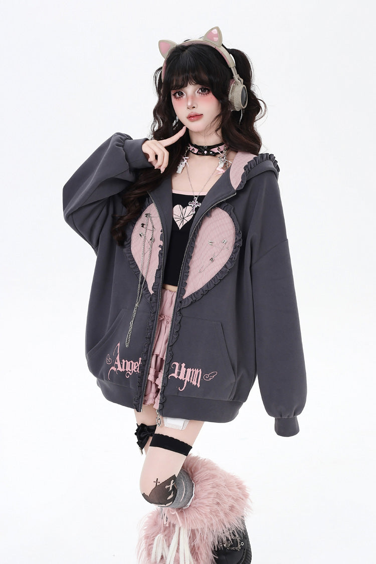 [Striped Bunny Ears] Long Sleeves Heart Print Embroidery Hooded Zipper Sweet Jirai Kei Cool Lolita Coat 2 Colors - Grey - 4