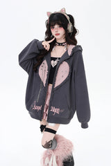 [Striped Bunny Ears] Long Sleeves Heart Print Embroidery Hooded Zipper Sweet Jirai Kei Cool Lolita Coat 2 Colors - Grey - 4