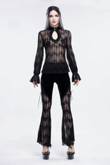 Black Striped Panel Semi Sheer Lace Up Long Women's Gothic Pants - Product - 5