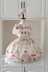 [Little Mouse Strawberry Cake] Sleeveless Printed Ruffled Bow Lace Sweet Lolita Jsk Dress 3 Colors - Ivory - 5