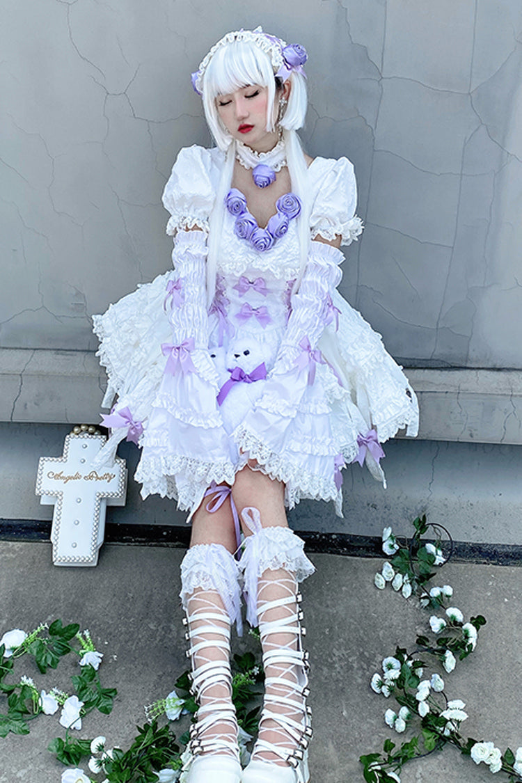 White/Purple Puff Short Sleeves Princess Gothic Lolita Tiered Dress - Product - 4