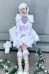 White/Purple Puff Short Sleeves Princess Gothic Lolita Tiered Dress - Product - 4
