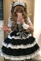 Black [Maiden Heart] Triple-Layered Ruffle Bowknot Lace Sweet Lolita Jsk Dress - Product - 10