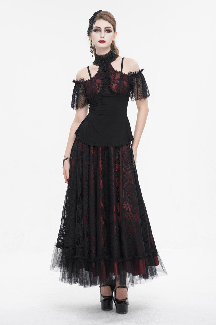 Black/Red Off Shoulder Lace Round Collar Splice Women's Gothic Shirt - Product - 4