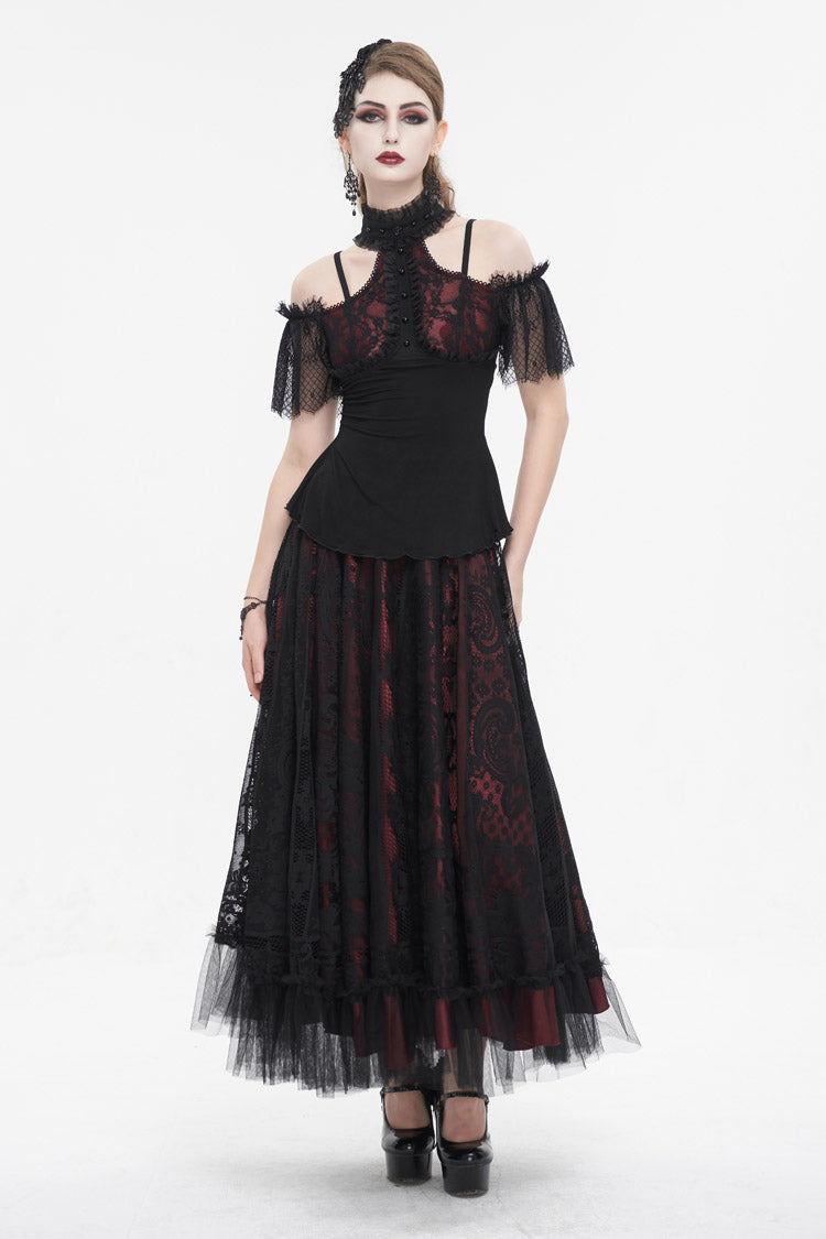 Black/Red Off Shoulder Lace Round Collar Splice Women's Gothic Shirt - Product - 4