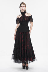 Black/Red Off Shoulder Lace Round Collar Splice Women's Gothic Shirt - Product - 4
