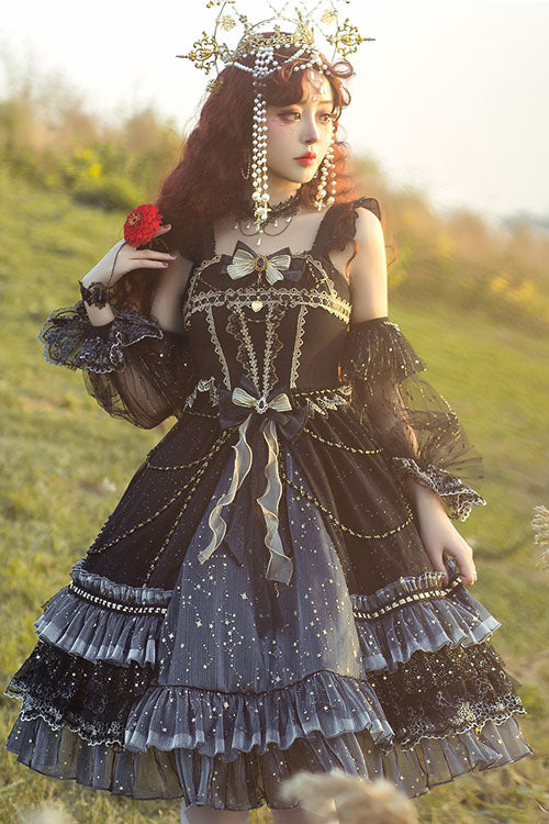 Black Starry Night Square Collar Bowknot Multi-Layer Ruffled Cardigan Gothic Lolita JSK Dress with Detached Sleeves - Product - 7