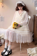 Ivory [Sunflower Diary] Long Sleeves Ruffle Embroidery Bowknot Lace Chiffon Sweet Princess Lolita Dress - Product - 10