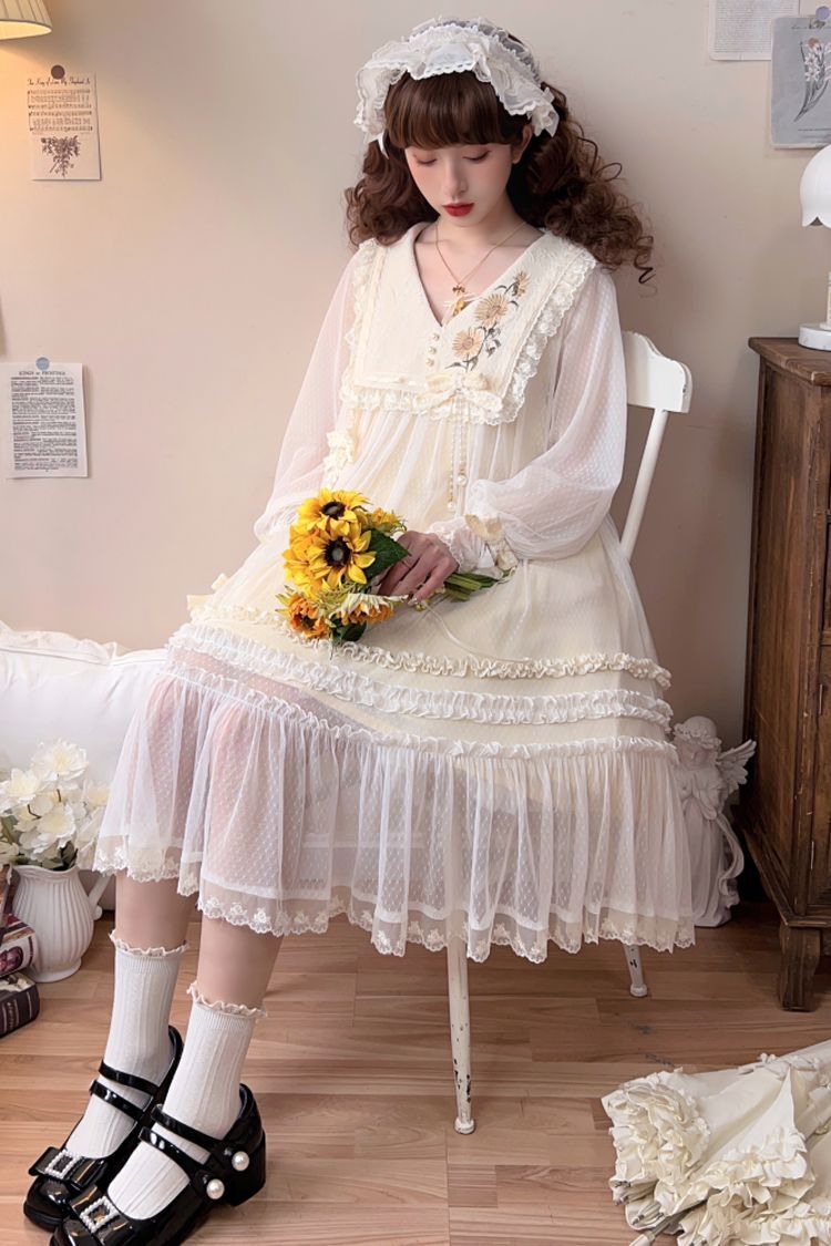 Ivory [Sunflower Diary] Long Sleeves Ruffle Embroidery Bowknot Lace Chiffon Sweet Princess Lolita Dress - Product - 10