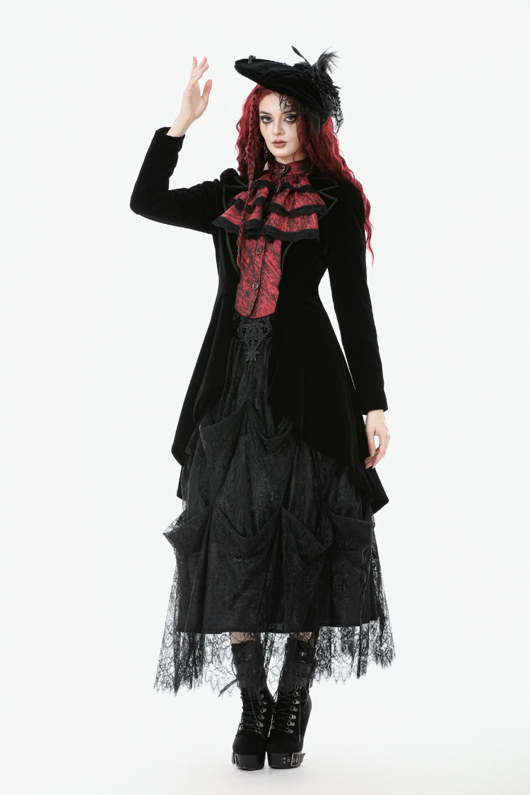 Black/Red Peak Lapel Collar Long Sleeves Multi-Layered Lace Mock Two-piece Women's Gothic Tailcoat - Product - 9