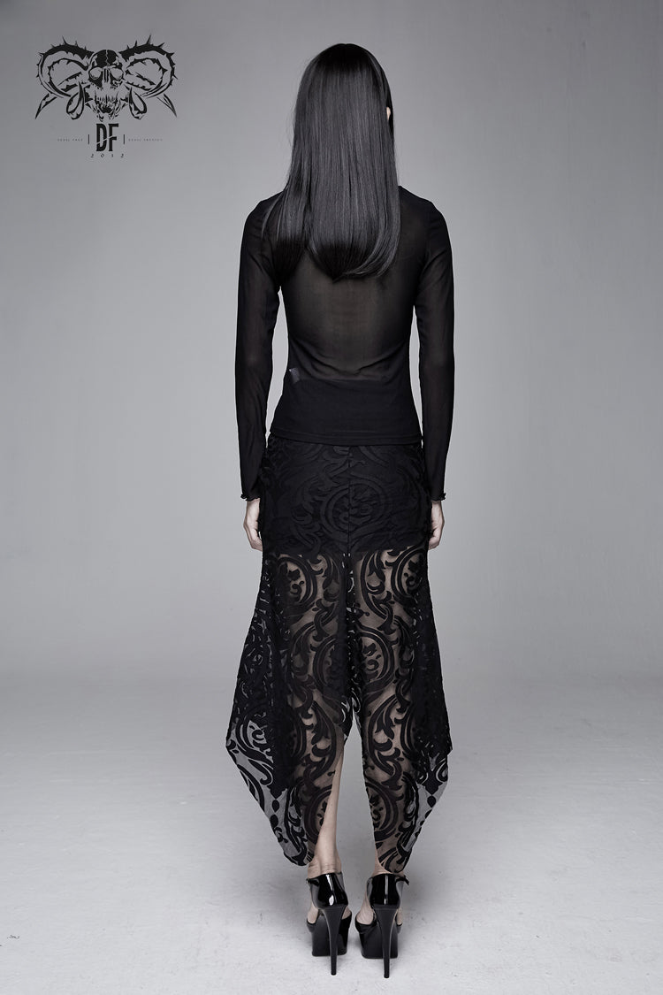 Black Flower Pattern False Girdle Mesh Long Sleeve Women's Gothic T-Shirt - Product - 3