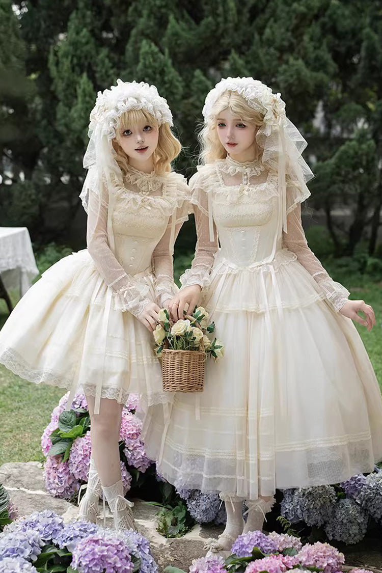Ivory [Letters and Poems · Confession Poem] Square Collar Sleeveless Ruffled Bow Lace Fishbone Sweet Lolita Jsk Dress 2 Versions - Product - 5