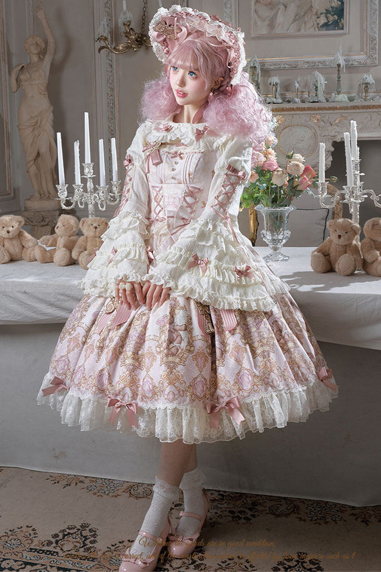 Pink [Antique Teddy Bear] Sleeveless Printed Bow Lace Sweet Elegant Lolita Jsk Dress - Pink(Dress-Only) - 1