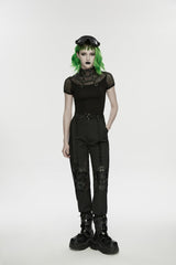 Black Stand Collar Short Sleeves Zippered Women's Punk Rivets&Eyelets T-Shirt - Product - 4