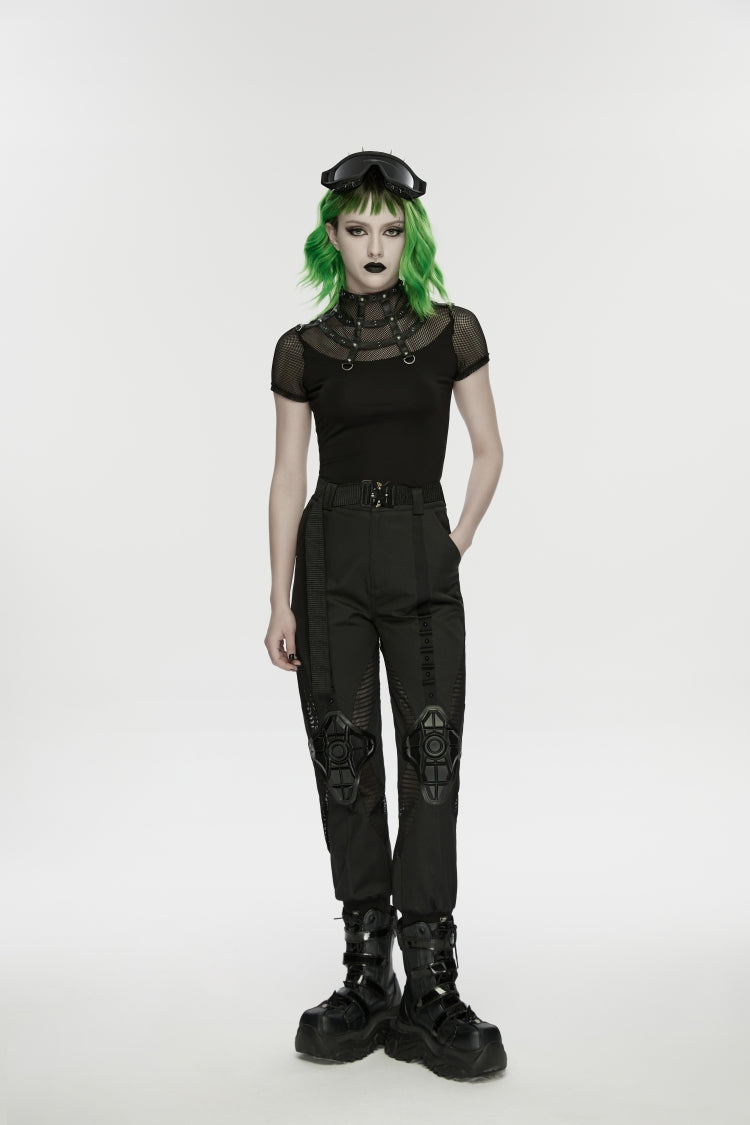 Black Stand Collar Short Sleeves Zippered Women's Punk Rivets&Eyelets T-Shirt - Product - 4