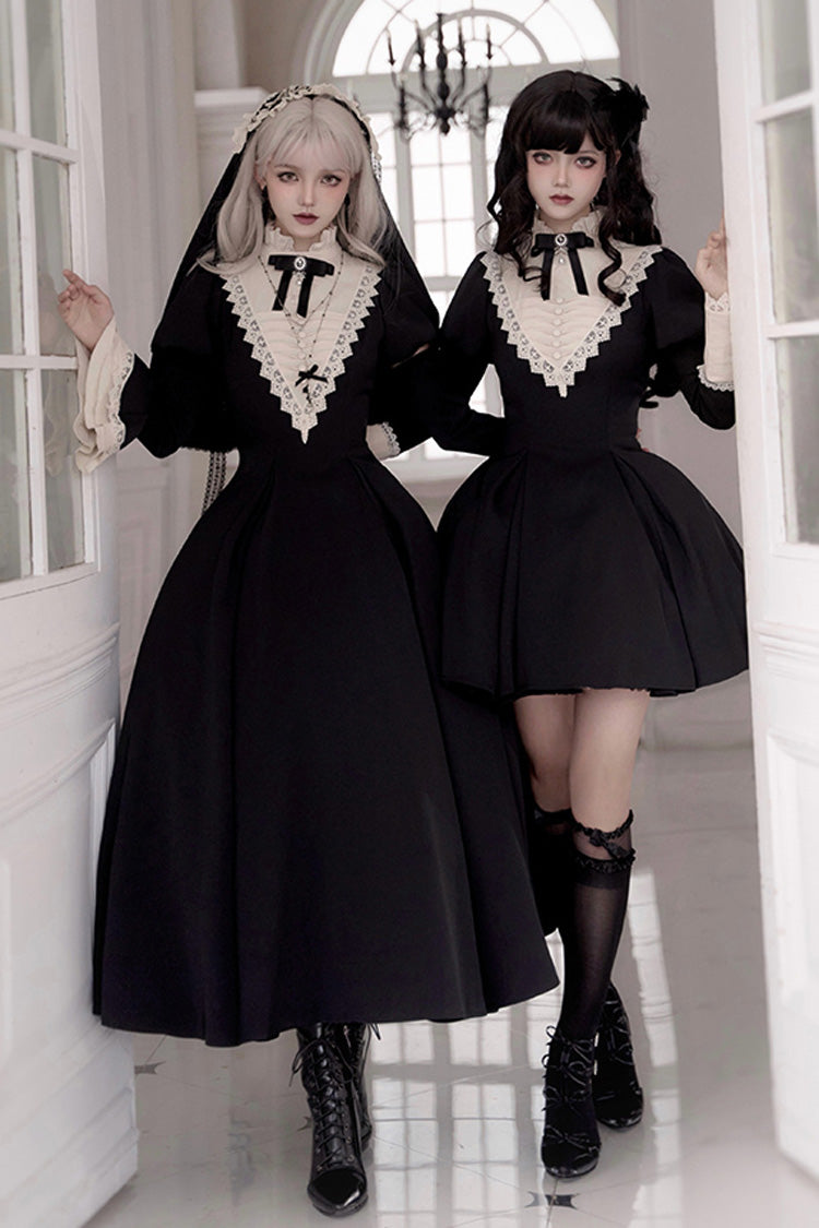Black [Letters and Poems·Nocturne] Nun Long Sleeves Ruffle Gothic Lolita Short Dress - Product - 11