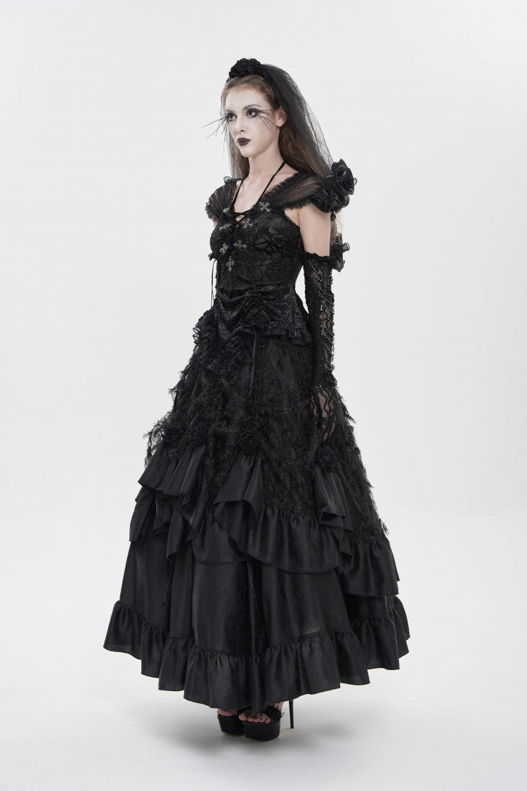 Black V Collar Short Sleeves Embroidered Lace Lace-Up Slim Women's Gothic Top - Product - 6