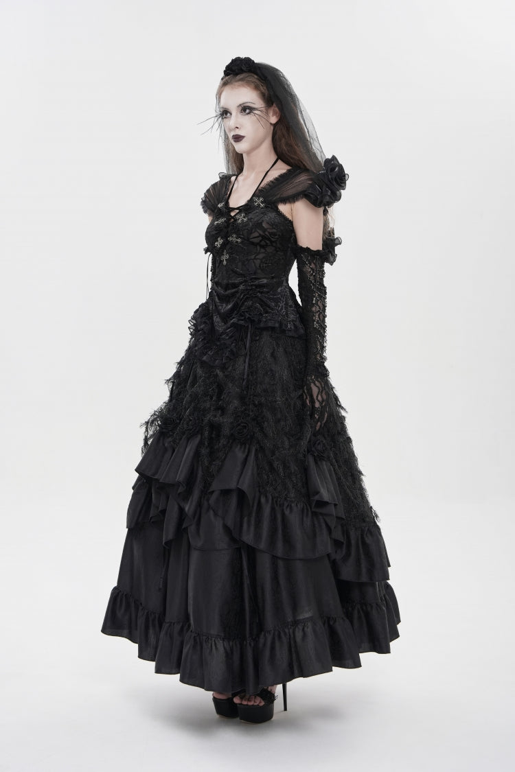 Black V Collar Short Sleeves Embroidered Lace Lace-Up Slim Women's Gothic Top - Product - 6